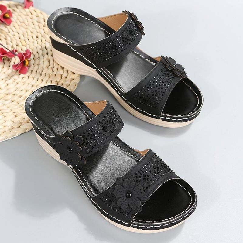 Papuci cu toc înclinat pentru femei, cu model floral, din piele PU, sandale retro romane cu platformă, slip-on