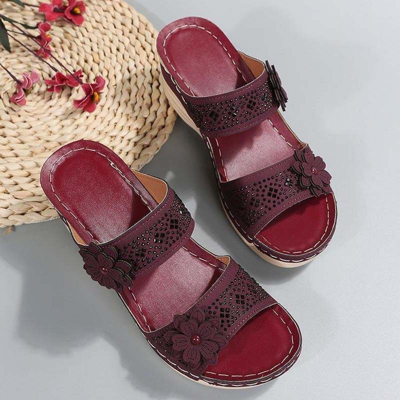 Papuci cu toc înclinat pentru femei, cu model floral, din piele PU, sandale retro romane cu platformă, slip-on