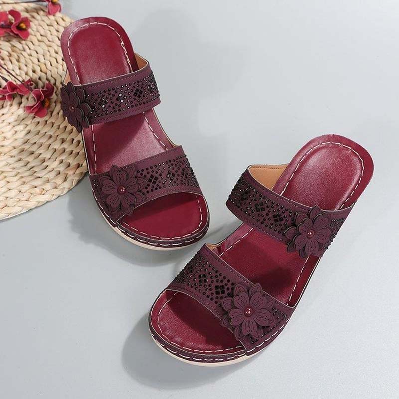 Papuci cu toc înclinat pentru femei, cu model floral, din piele PU, sandale retro romane cu platformă, slip-on