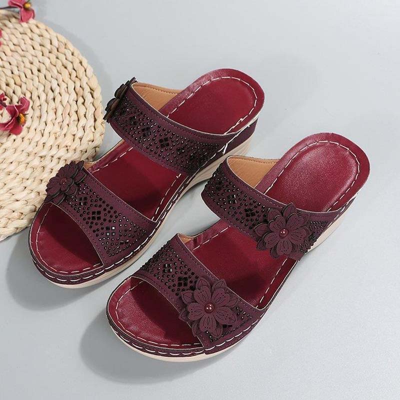 Papuci cu toc înclinat pentru femei, cu model floral, din piele PU, sandale retro romane cu platformă, slip-on