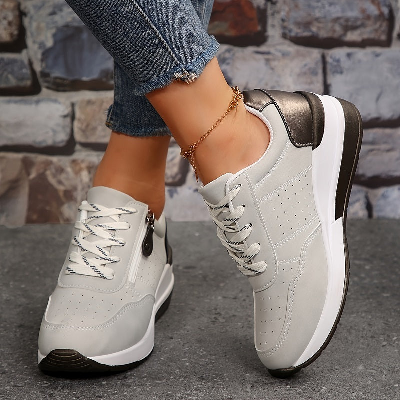 Sneakers ortopedici de damă cu talpă tip pană – fermoar lateral, susținere întărită a călcâiului
