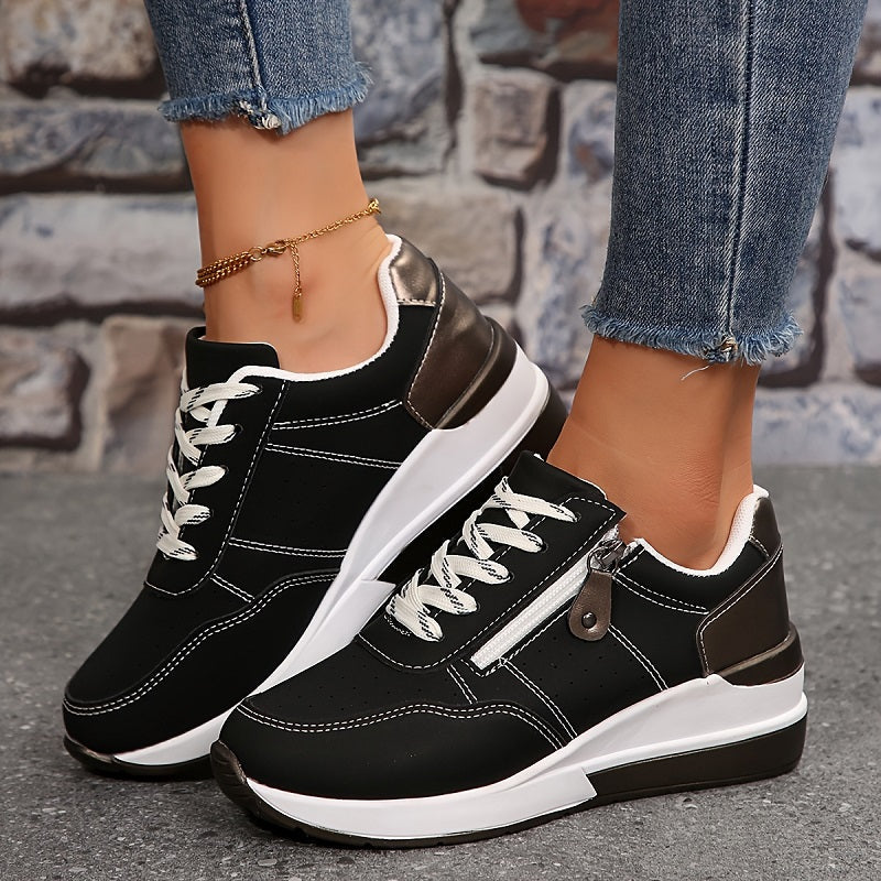 Sneakers ortopedici de damă cu talpă tip pană – fermoar lateral, susținere întărită a călcâiului
