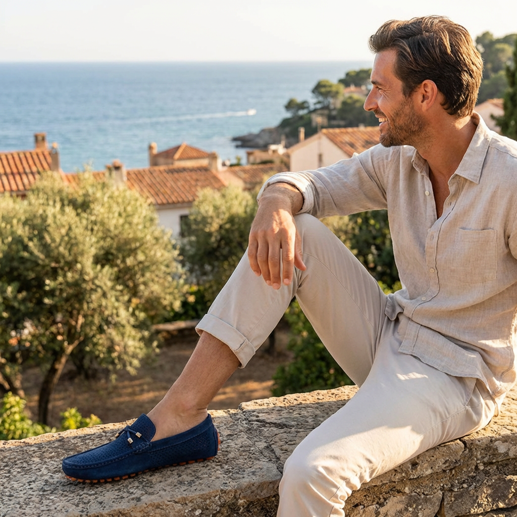 Mocassins décontractés en daim pour hommes, chaussures de conduite à enfiler en cuir véritable avec surpiqûres contrastées