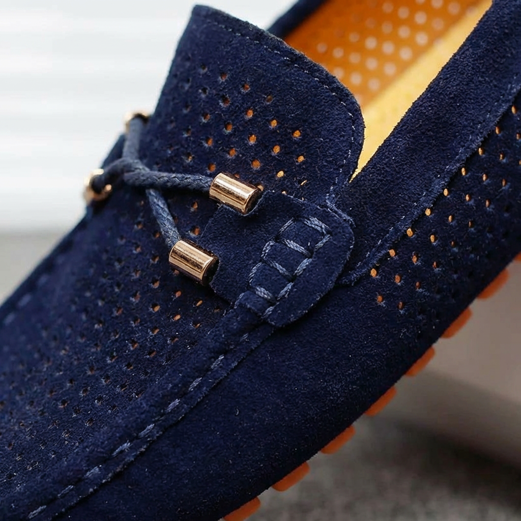 Mocassins décontractés en daim pour hommes, chaussures de conduite à enfiler en cuir véritable avec surpiqûres contrastées
