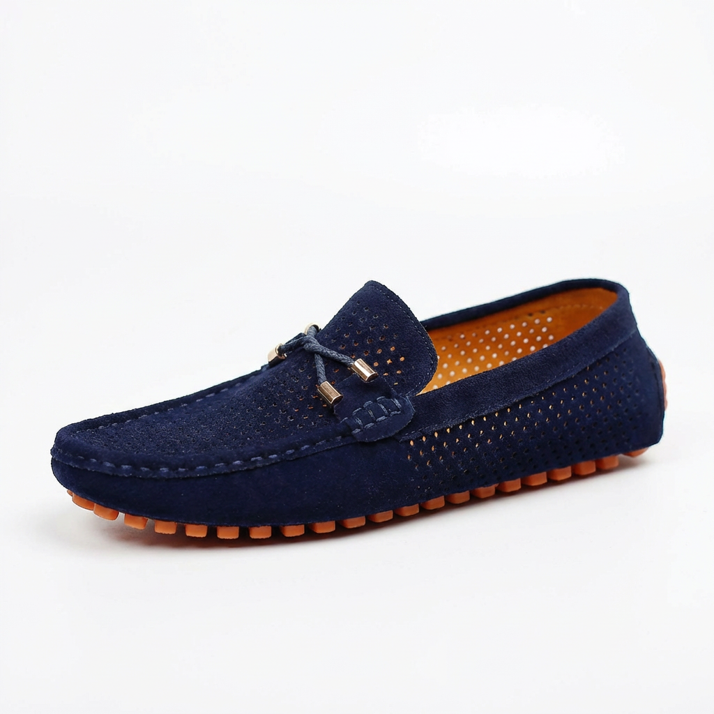 Mocassins décontractés en daim pour hommes, chaussures de conduite à enfiler en cuir véritable avec surpiqûres contrastées