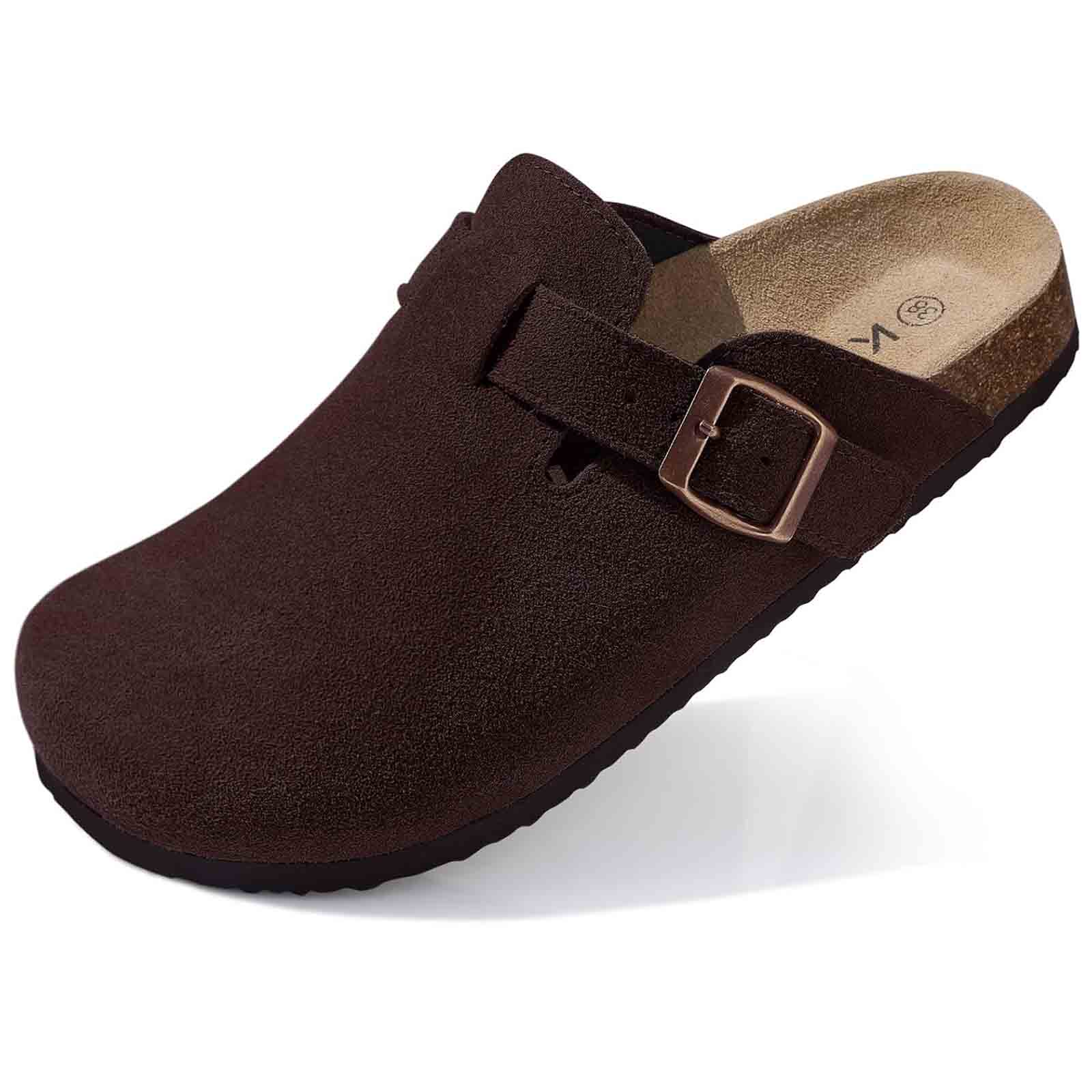 Women's Faux Suede Mules Cork Sole Clogs with Adjustable Buckle Strap