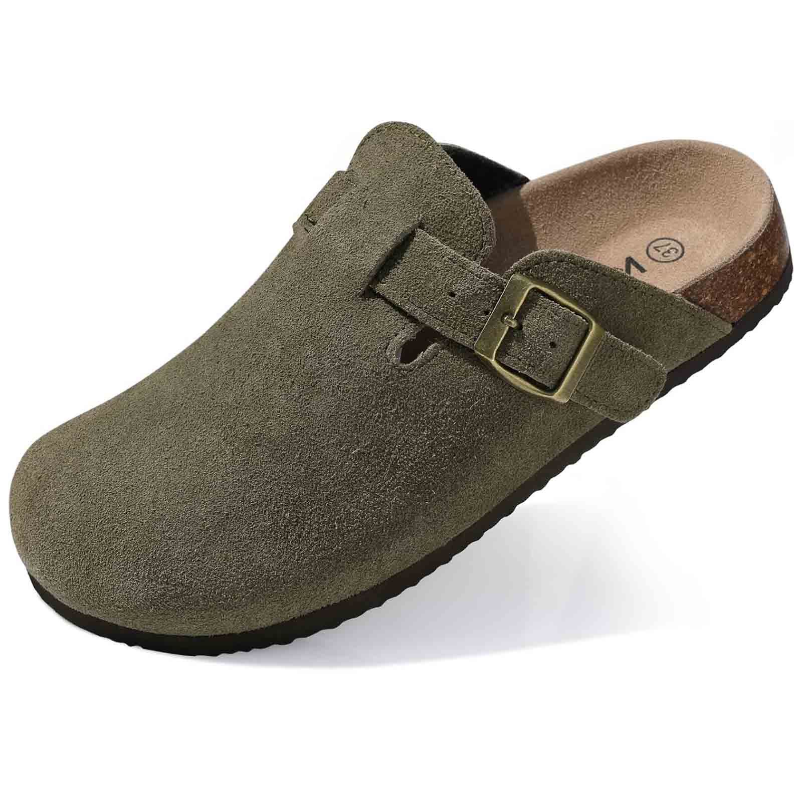 Women's Faux Suede Mules Cork Sole Clogs with Adjustable Buckle Strap