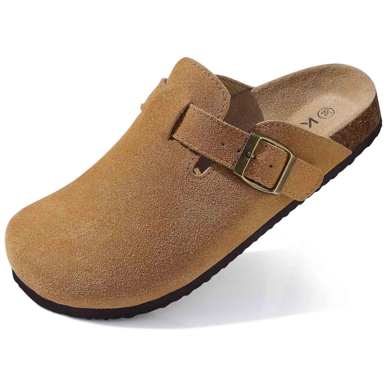 Women's Faux Suede Mules Cork Sole Clogs with Adjustable Buckle Strap