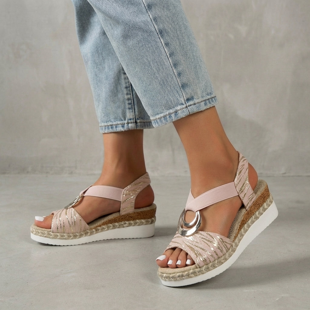 Dámské espadrilky na klínku s elastickým páskem na kotníku, otevřenou špičkou a platformou, volnočasové boty