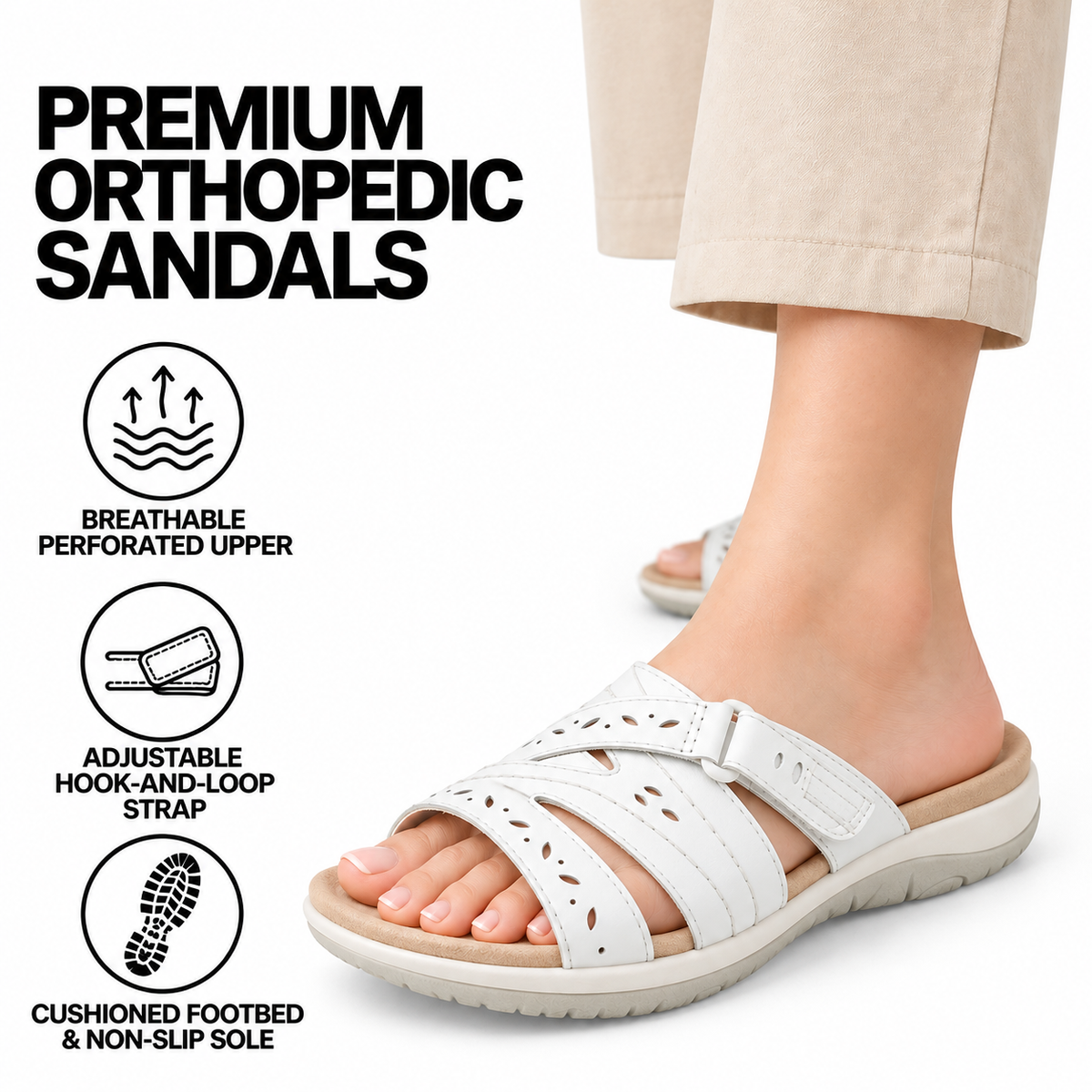 Sandales orthopédiques de marche pour femmes Bride réglable à scratch Chaussures plates confortables