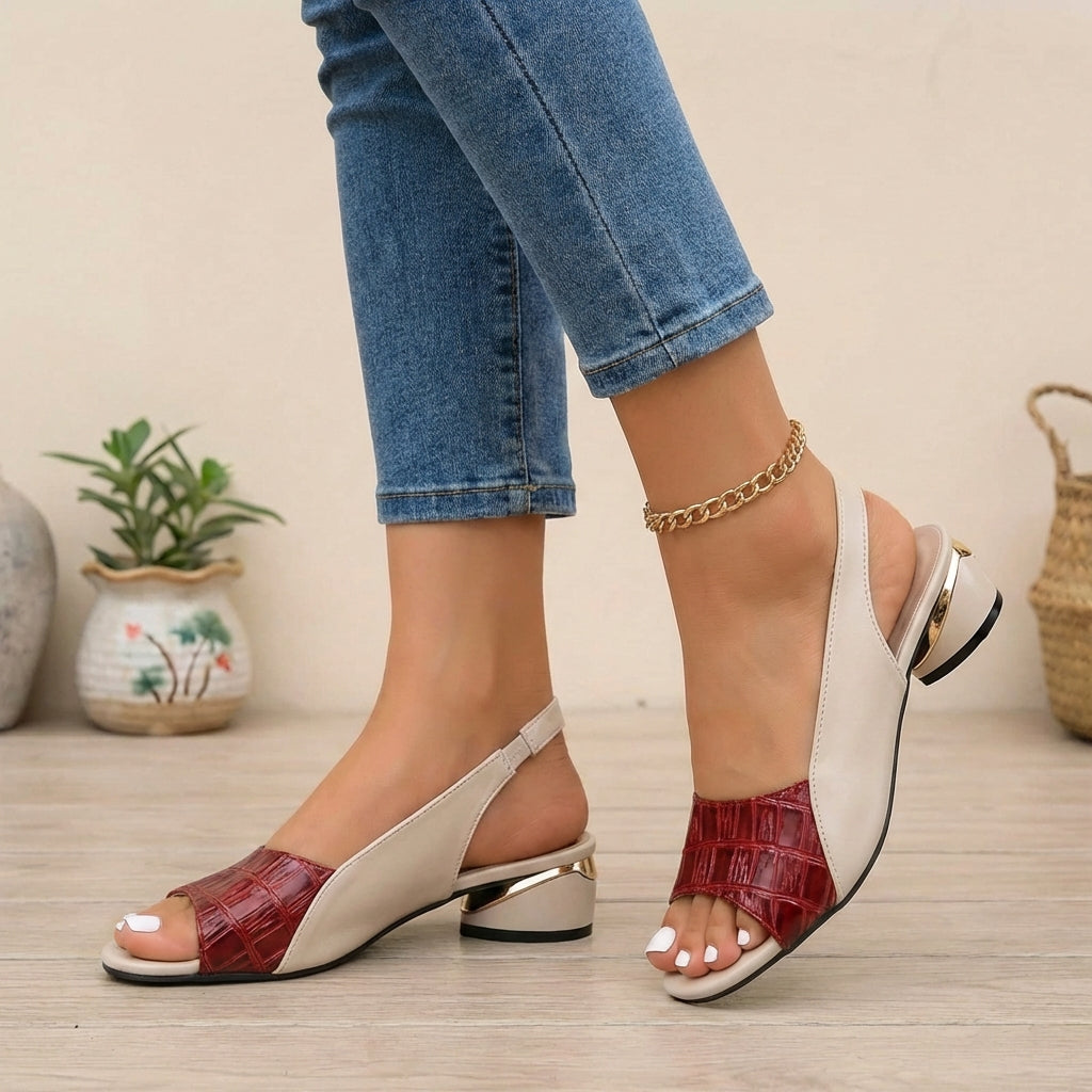 Sandales à bride arrière embossées pour femmes, talon bloc avec accent métallique, chaussures confortables à bout ouvert