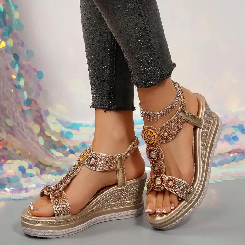 Women's Wedge Sandals Gem Embellished Faux Leather Ankle Strap Cushioned Walking Shoes