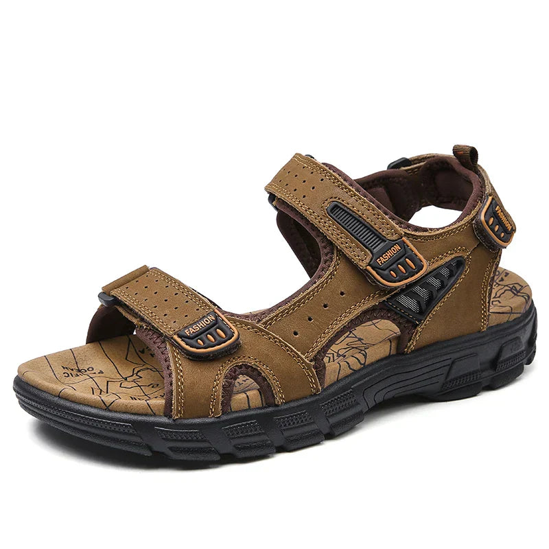 Men's Orthopedic Leather Sandals Velcro Strap Ergonomic Sole