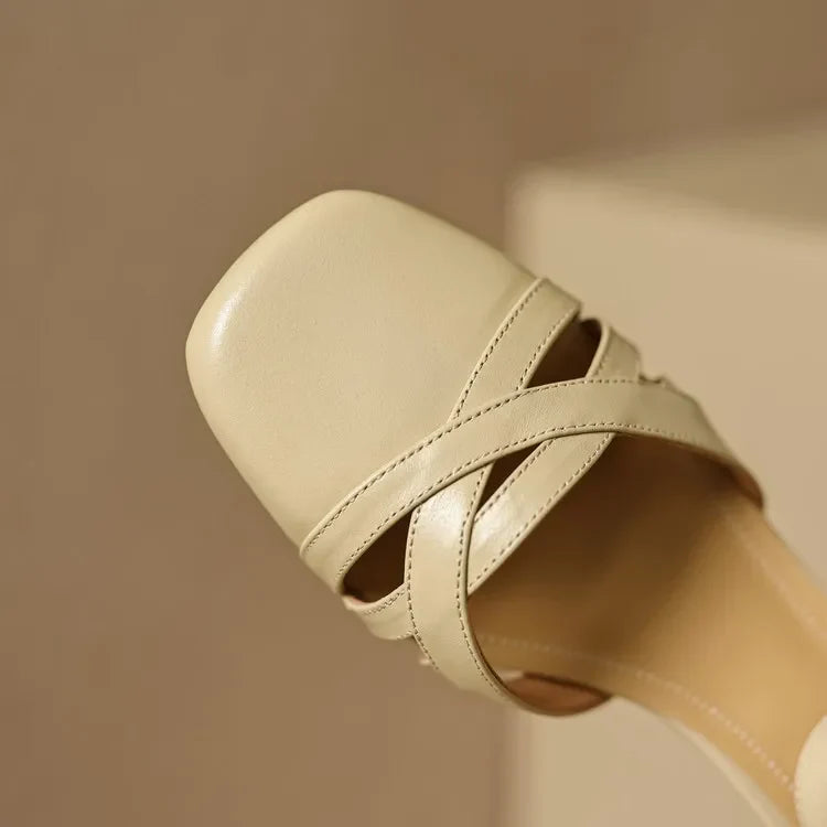 Sandales à talons en daim de mouton pour femmes, bout carré, bride cheville, talon bloc rétro épais