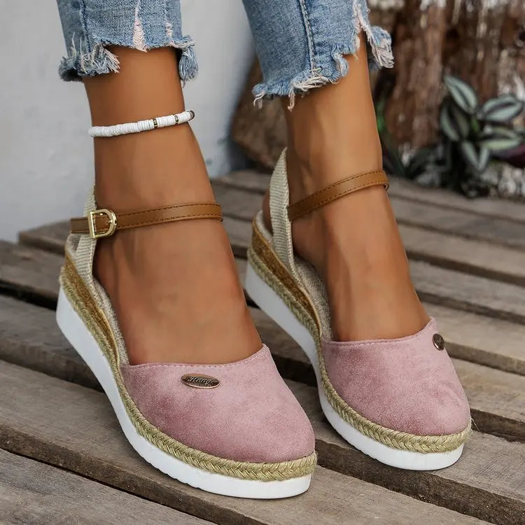 Sandali con Zeppa Donna Punta Chiusa Cinturino con Fibbia Espadrillas alla Moda Scarpe con Zeppa
