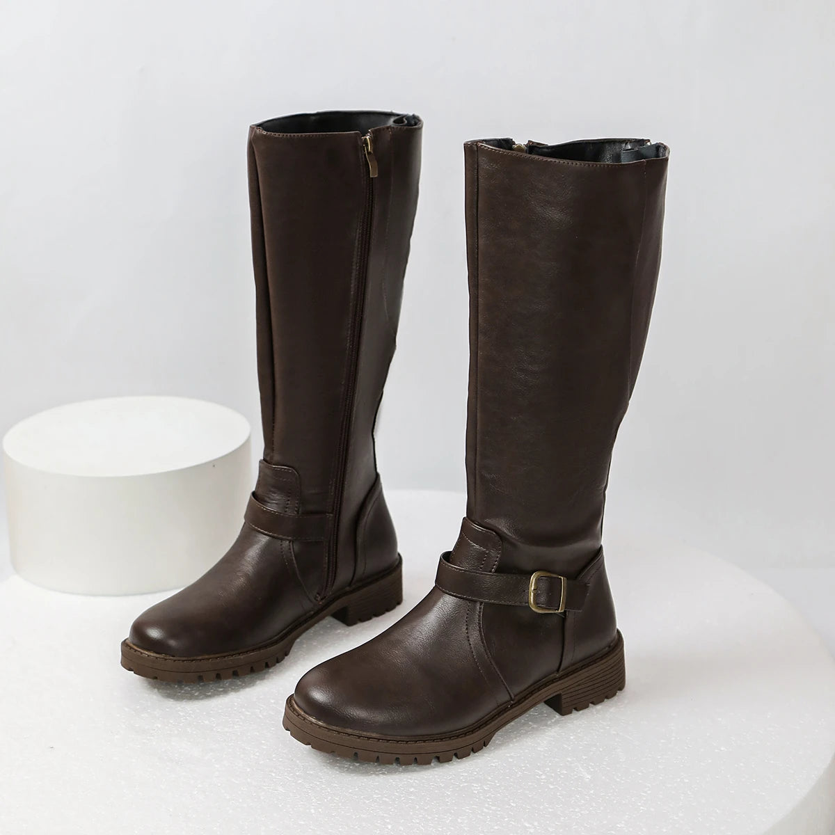Women's Chunky-Heel Knee-High Riding Boots – Buckle Accent, Side Zip Closure