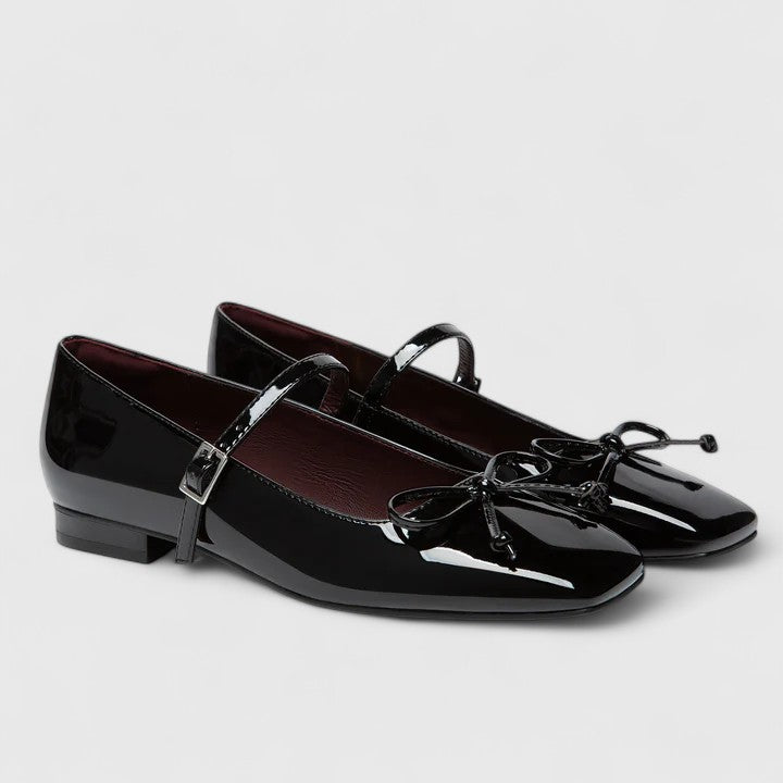Flats Mary Jane Ortopédicos de Punta Cuadrada en Cuero Charol con Lazo