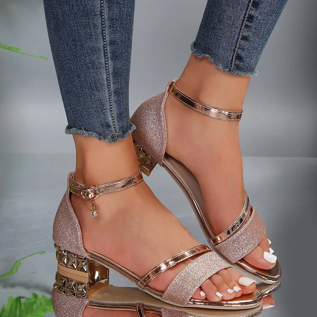 Sandales orthopédiques à talon bloc, paillettes, chaussures romaines à bride à la cheville pour fêtes de mariage