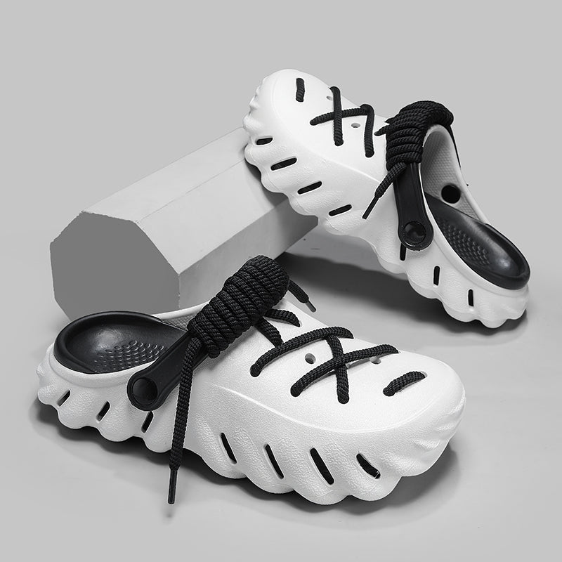 Men’s Breathable Clog Slides with Cross-Lacing and Wave Patterned Outsole