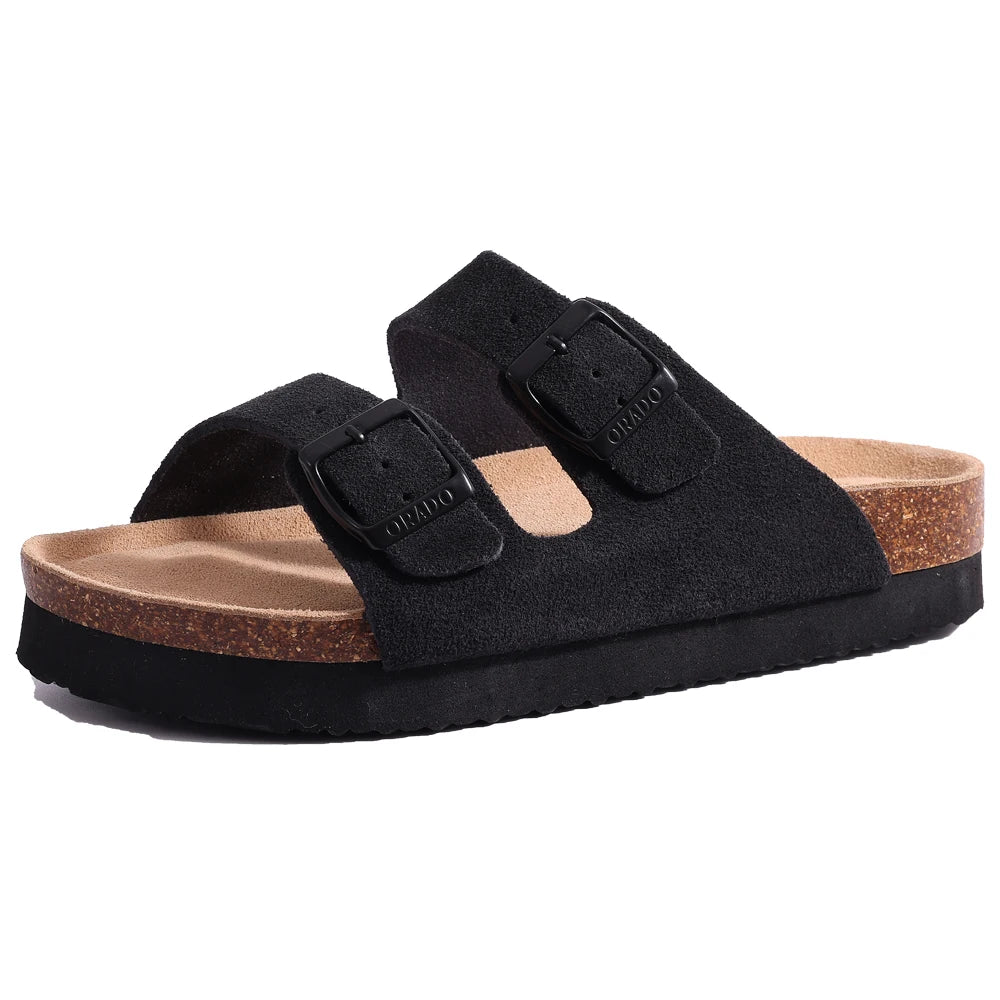 Sandales en liège pour femmes, en daim de vache, à bout ouvert, plates, style mule