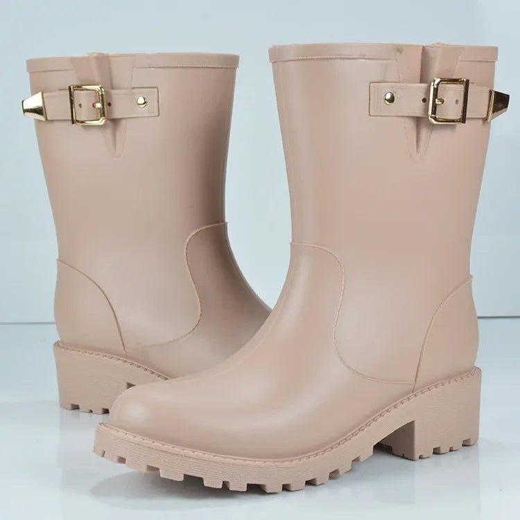 Women's Comfort Waterproof Rain Boots – Low Platform Heel, Slip-On Design