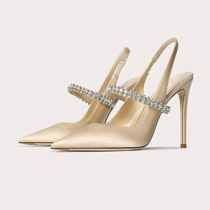 Tacones de punta fina para mujer - correa de tobillo con joyas, acabado satinado