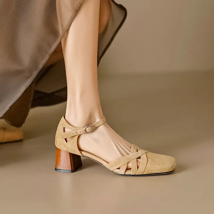 Sandales à talons en daim de mouton pour femmes, bout carré, bride cheville, talon bloc rétro épais