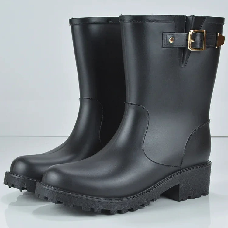 Women's Comfort Waterproof Rain Boots – Low Platform Heel, Slip-On Design