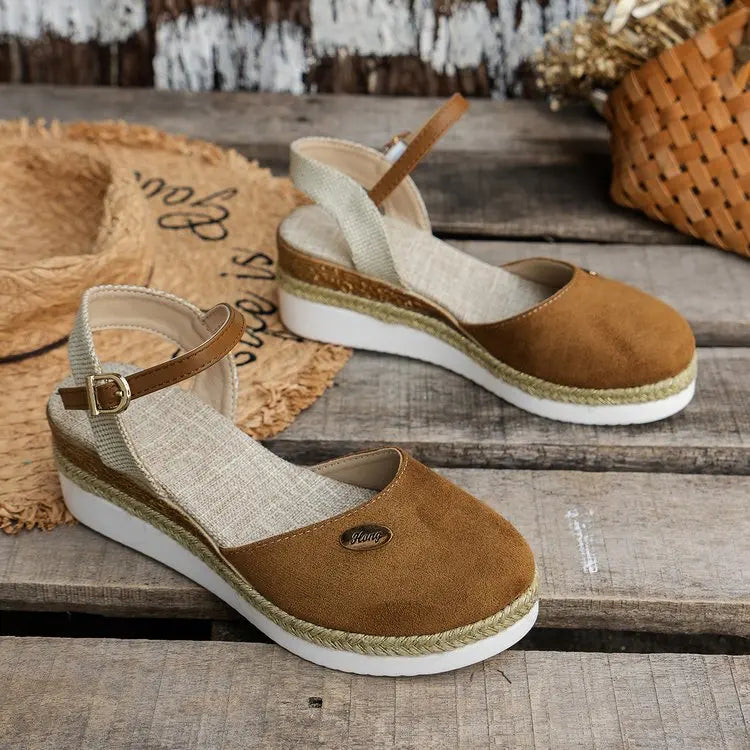 Sandali con Zeppa Donna Punta Chiusa Cinturino con Fibbia Espadrillas alla Moda Scarpe con Zeppa