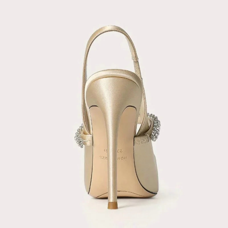 Tacones de punta fina para mujer - correa de tobillo con joyas, acabado satinado