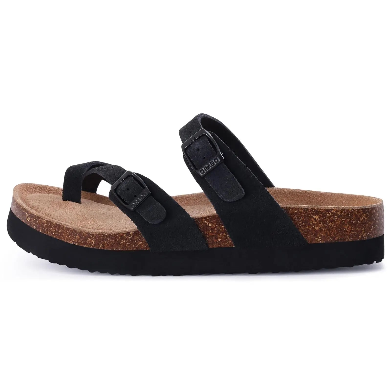 Sandali da donna in sughero con tomaia in camoscio di mucca, punta aperta, ciabatte piatte