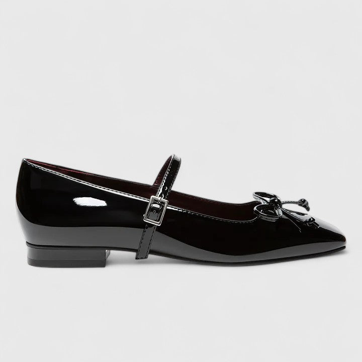 Flats Mary Jane Ortopédicos de Punta Cuadrada en Cuero Charol con Lazo