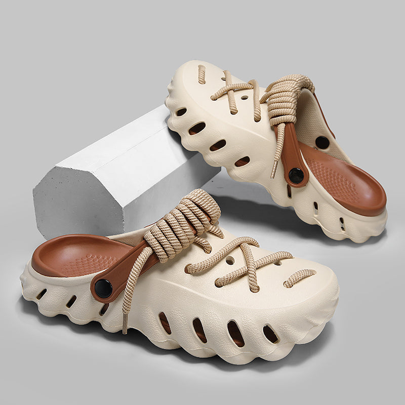 Men’s Breathable Clog Slides with Cross-Lacing and Wave Patterned Outsole