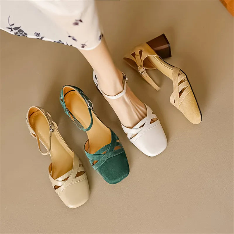 Sandales à talons en daim de mouton pour femmes, bout carré, bride cheville, talon bloc rétro épais
