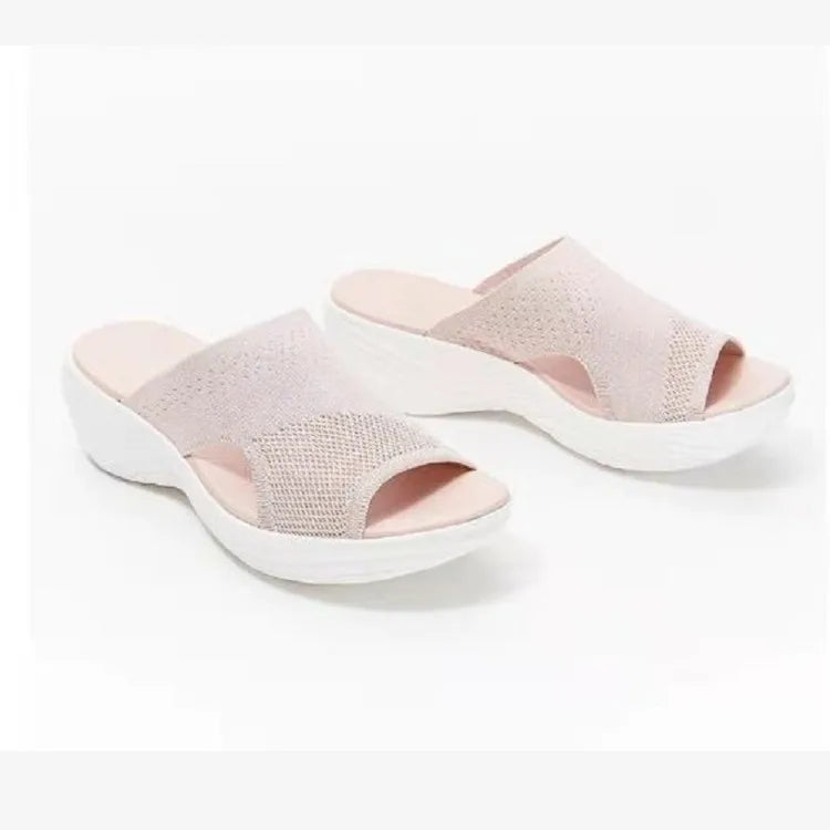 Ortopediska sandaler för kvinnor med elastiska korsband, öppna tår och kilklacktofflor