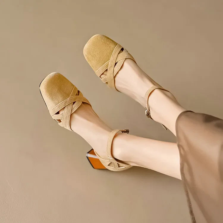 Sandales à talons en daim de mouton pour femmes, bout carré, bride cheville, talon bloc rétro épais