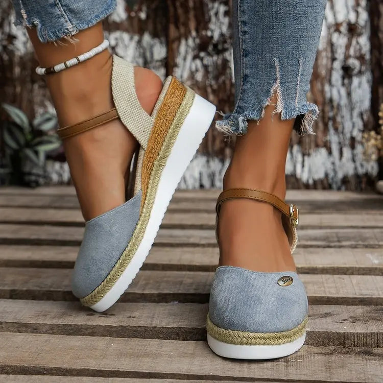 Sandali con Zeppa Donna Punta Chiusa Cinturino con Fibbia Espadrillas alla Moda Scarpe con Zeppa
