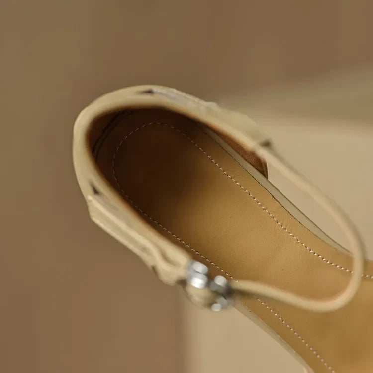 Sandales à talons en daim de mouton pour femmes, bout carré, bride cheville, talon bloc rétro épais