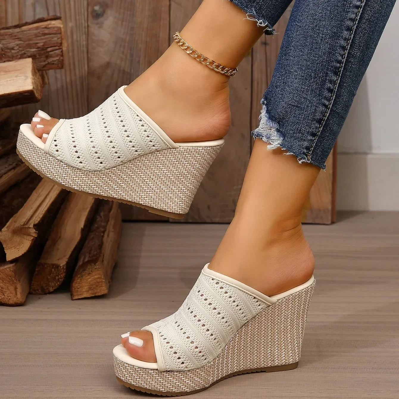 Sandales compensées pour femmes, bout ouvert, maille tricotée, plateforme à enfiler, chaussures confortables pour la marche