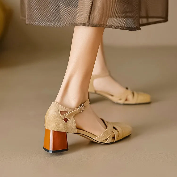 Sandales à talons en daim de mouton pour femmes, bout carré, bride cheville, talon bloc rétro épais
