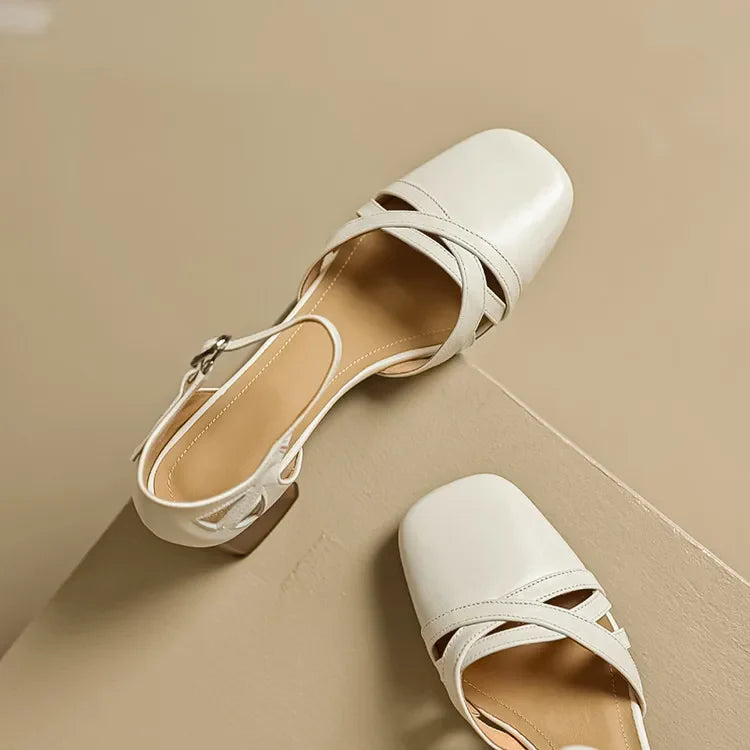 Sandales à talons en daim de mouton pour femmes, bout carré, bride cheville, talon bloc rétro épais