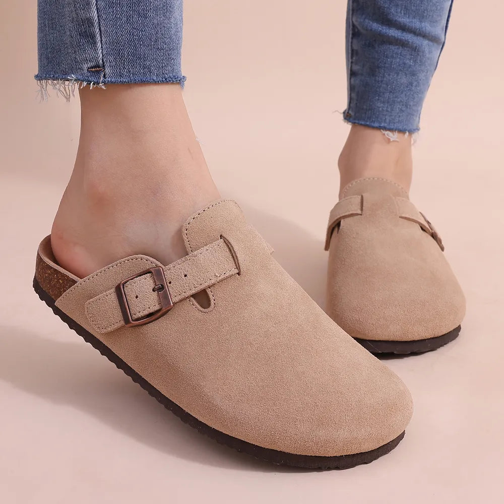 Women's Faux Suede Mules Cork Sole Clogs with Adjustable Buckle Strap