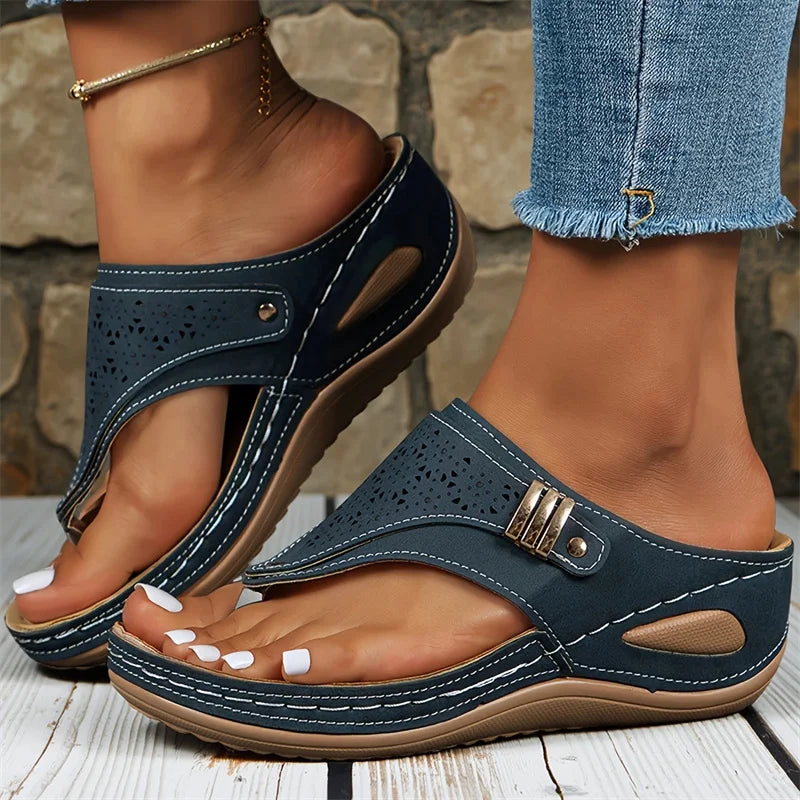Women's Casual Open Toe Flip Flops PU Leather Low Wedge Platform Sandals