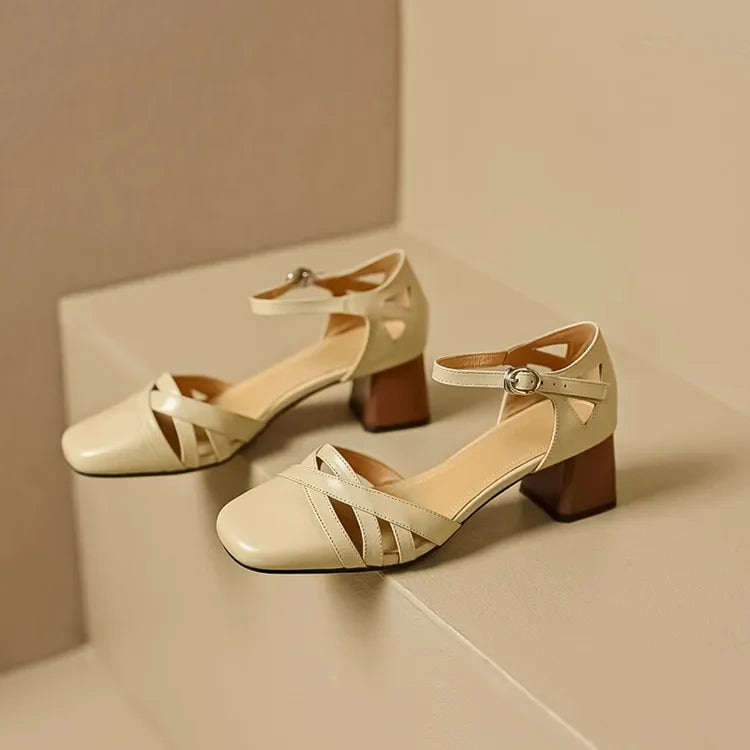 Sandales à talons en daim de mouton pour femmes, bout carré, bride cheville, talon bloc rétro épais