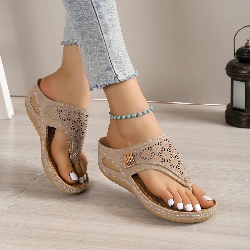 Women's Casual Sandals Wedge Heel Flip Flops Faux Leather Platform Slippers