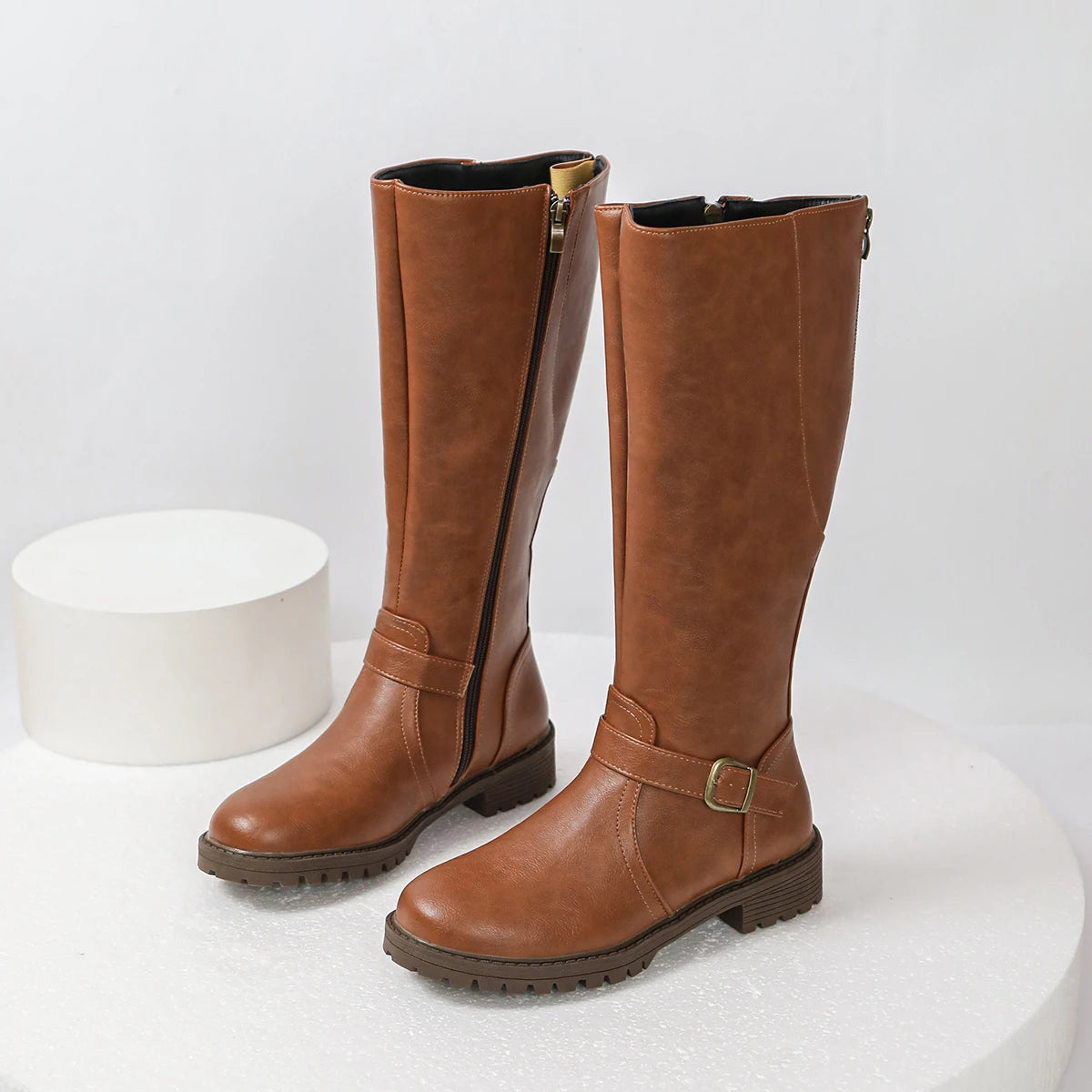 Women's Chunky-Heel Knee-High Riding Boots – Buckle Accent, Side Zip Closure