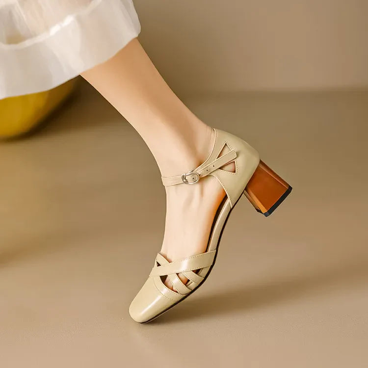 Sandales à talons en daim de mouton pour femmes, bout carré, bride cheville, talon bloc rétro épais