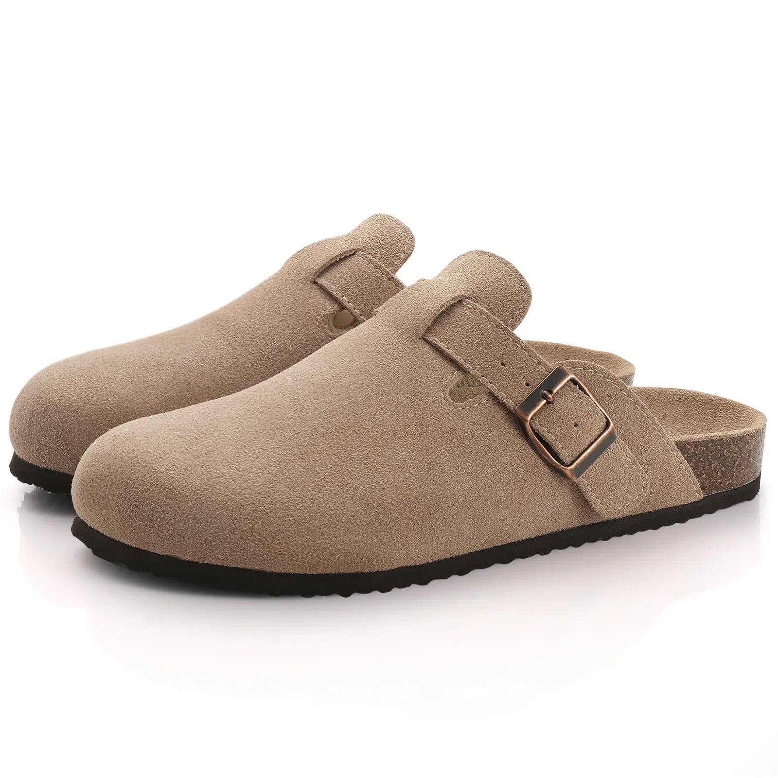Women's Faux Suede Mules Cork Sole Clogs with Adjustable Buckle Strap
