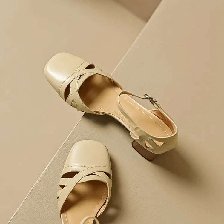 Sandales à talons en daim de mouton pour femmes, bout carré, bride cheville, talon bloc rétro épais