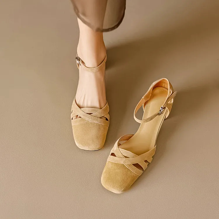 Sandales à talons en daim de mouton pour femmes, bout carré, bride cheville, talon bloc rétro épais